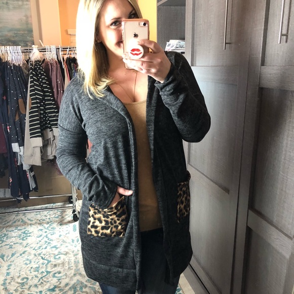 Low Stock! S-M Charcoal hoodie w/ leopard pockets - Picture 3 of 5